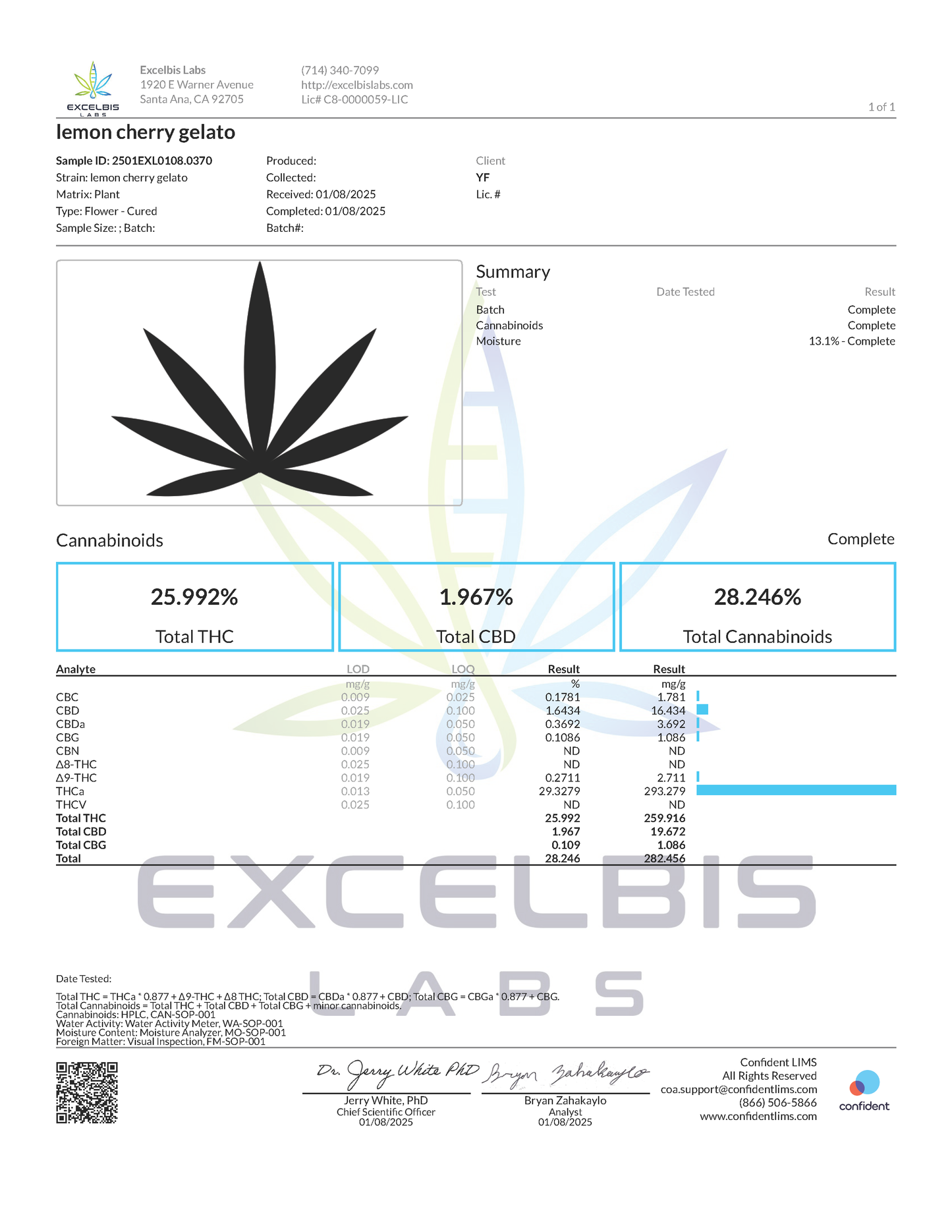 Certificate of Analysis for Lemon Cherry Gelato by YAGA Farms, confirming 29.3% THCa potency and presence of cannabinoids including CBD, CBDa, CBG, and CBC.