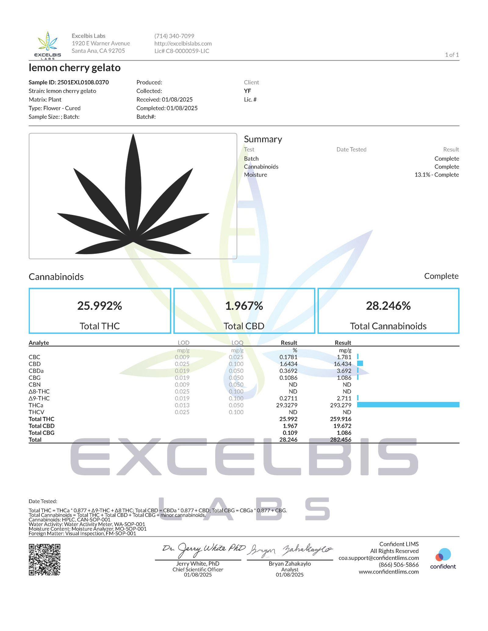 Certificate of Analysis for Lemon Cherry Gelato by YAGA Farms, confirming 29.3% THCa potency and presence of cannabinoids including CBD, CBDa, CBG, and CBC.
