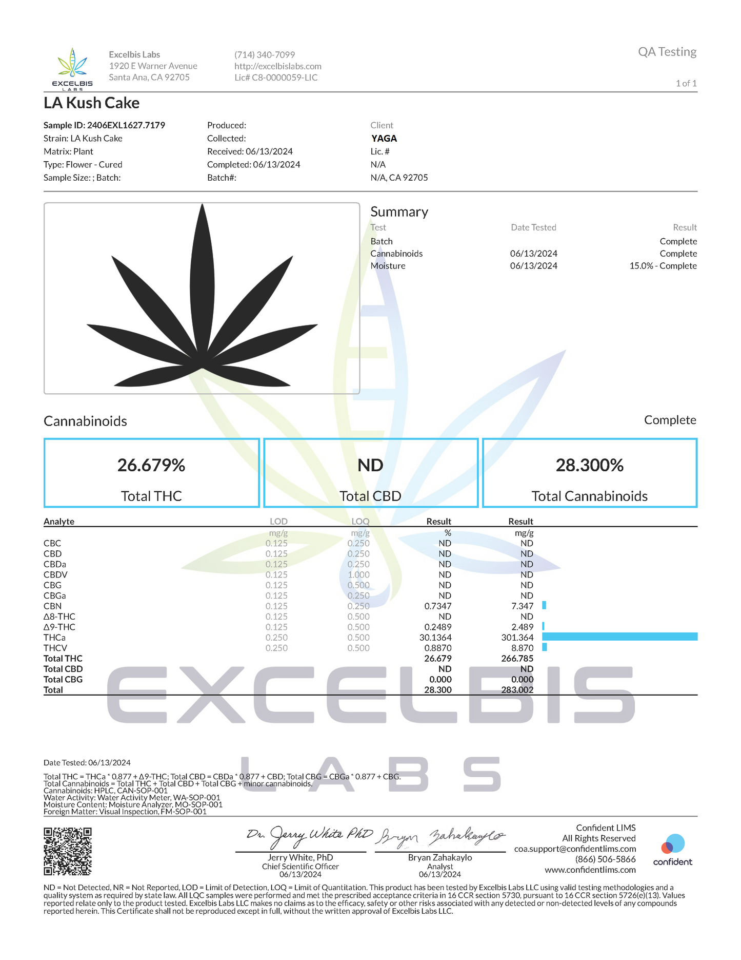 Certificate of Analysis (COA) for LA Kush Cake by YAGA Farms, detailing 30% THCa, THCv, and CBN content, along with a comprehensive cannabinoid and terpene profile
