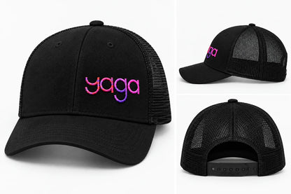 Black YAGA Signature Gradient Trucker Hat shown from the front, side, and back, with pink and purple logo embroidery, mesh panels, and adjustable snapback closure.
