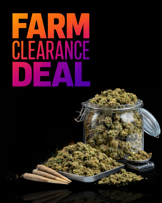Jar of cannabis buds with packaging on a black background, featuring 'Farm Clearance Deal' text.
