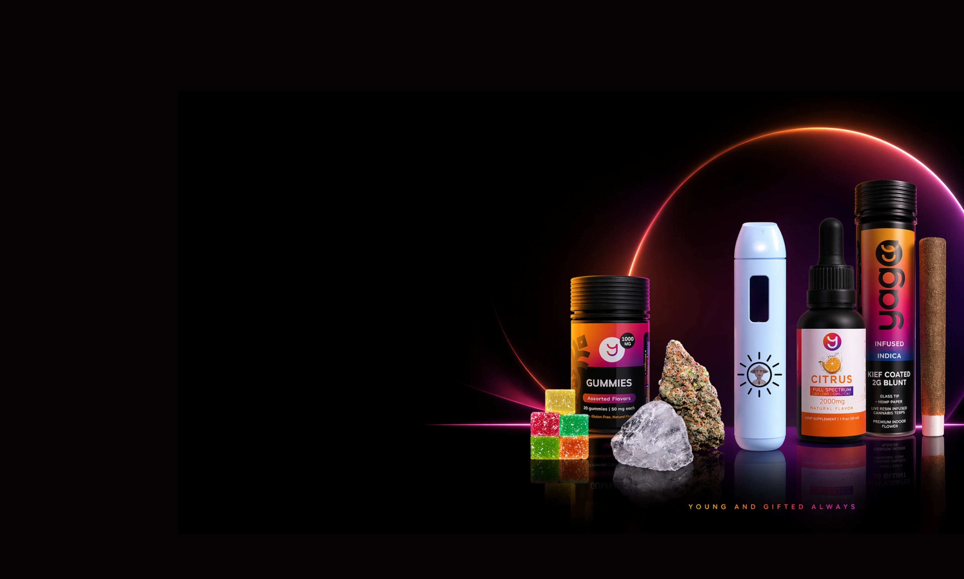 Collection of cannabis products including jars, a vape pen, and crystals on a dark background with a glowing circle.
