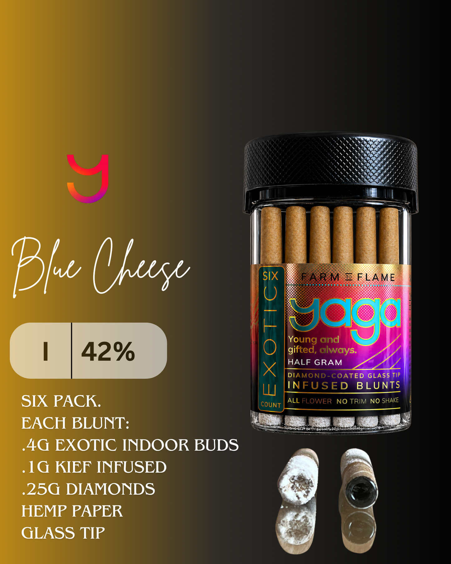 YAGA Farms Blue Cheese 6 Pack Mini Blunts with glass tips, kief infused and diamond coated. Indoor exotic flower. .5G each indica.
