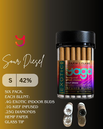 YAGA Farms Sour Diesel 6 Pack Mini Blunts in premium jar with glass tips, live resin infused, kief coated, indoor exotic flower sativa.