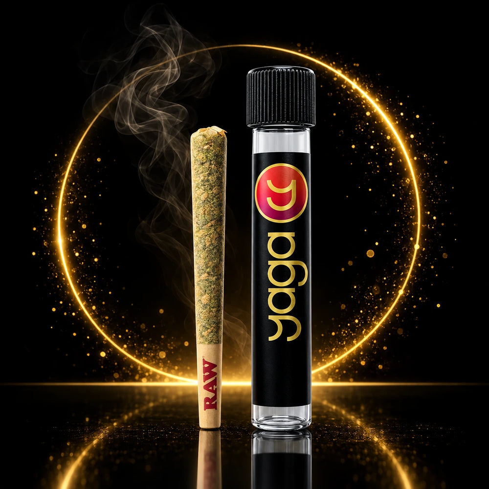 YAGA Farms Single Cannabis THCa Preroll image in raw cone with glass tube with YAGA label