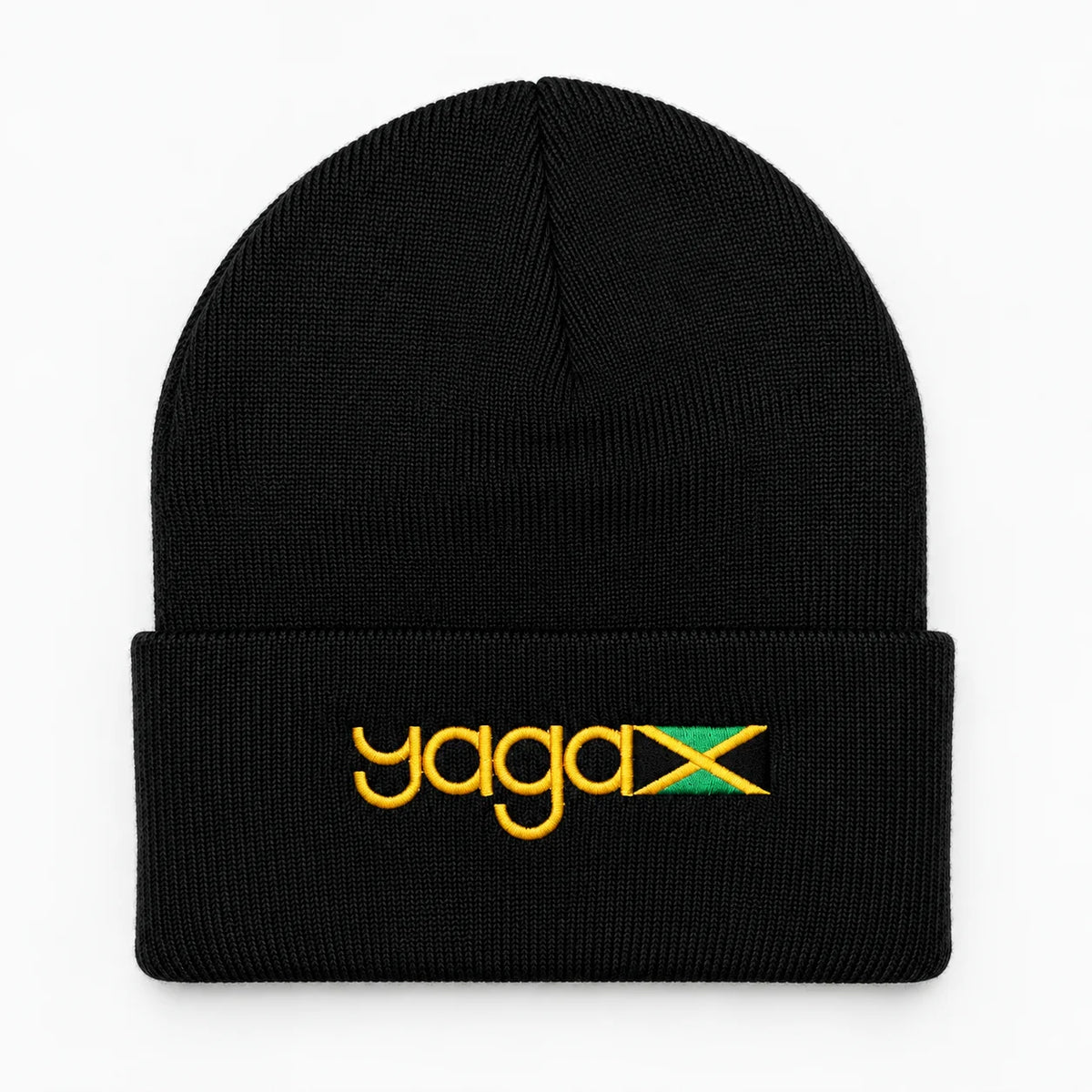 Black YAGA cuffed beanie with gold embroidered logo and Jamaican flag.