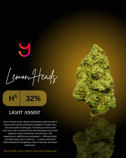 Lemon Heads cannabis flower by YAGA Farms showing dense elongated conical bud with bright lime green color, orange pistils, and heavy trichome frost, greenhouse light assist California grown Cali weed
