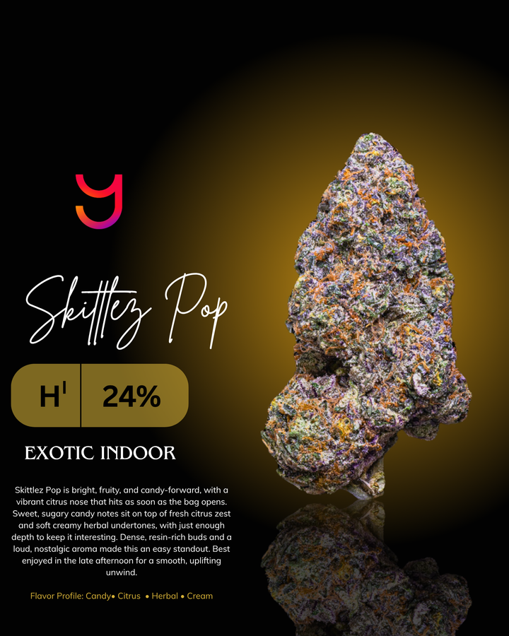 Skittlez Pop strain by YAGA Farms premium indoor cannabis flower with dense pinecone buds, purple and green coloration, bright orange hairs, and heavy trichome frost, top shelf Cali weed from San Diego