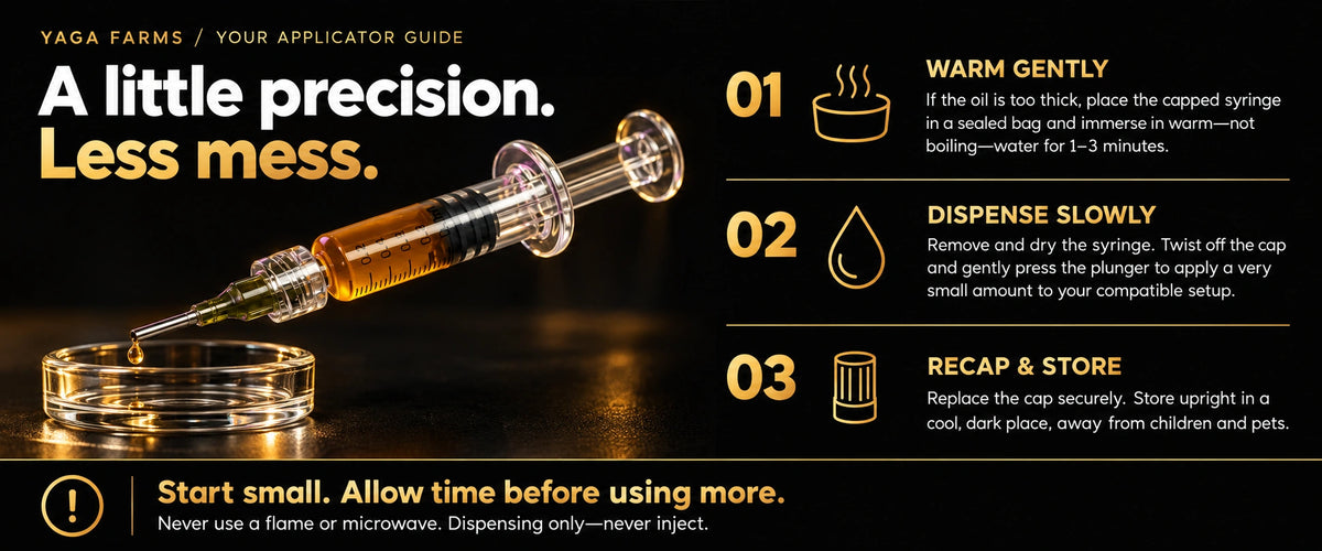 YAGA Farms dab syringe guide: warm the capped syringe in a sealed bag in warm water, dispense a small amount slowly, then recap and store in a cool, dark place. Never inject.