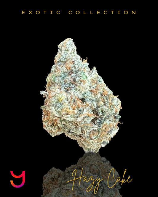 Close-up of YAGA Farms Hazy Cake cannabis bud showing dense structure, frosty trichomes, orange pistils, and shades of lime green and lavender, representing its premium indoor cultivation and 28% THCa content.