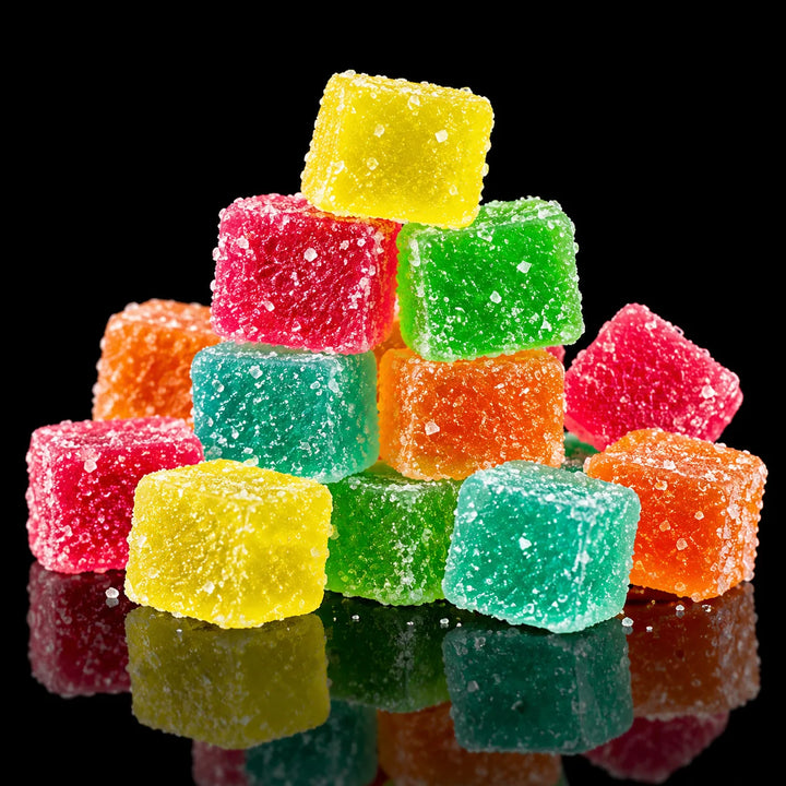Colorful, sugar-coated YAGA gummies stacked against a black background.