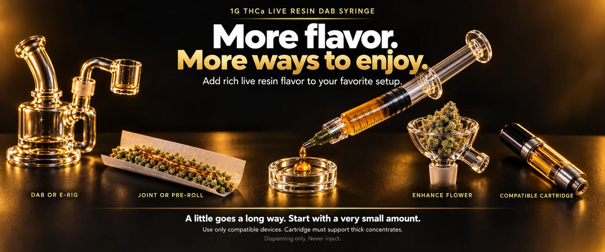 YAGA Farms THCa live resin dab syringe shown with a dab rig, YAGA flower bowl, open joint, and compatible refillable cartridge to illustrate four ways to use the concentrate.